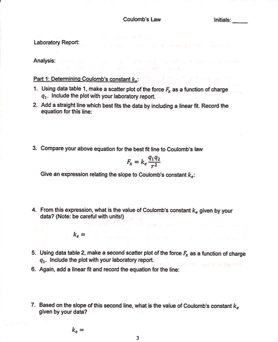 Solved Coulomb's Law Initials Laboratory Report Instructor