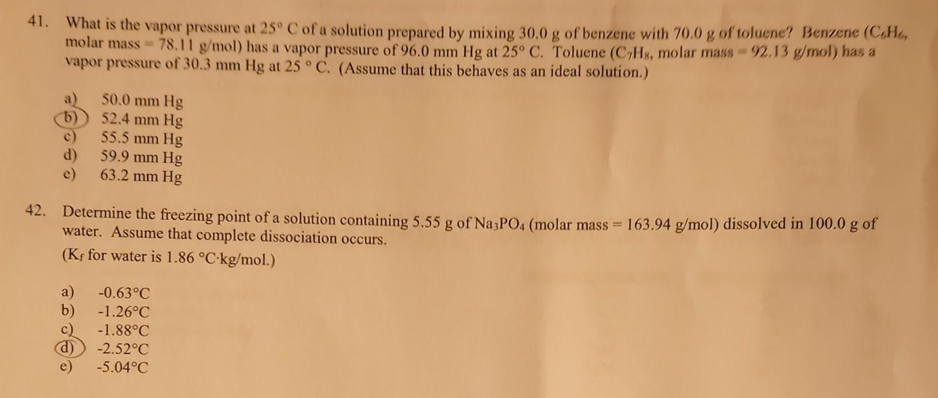 Solved 41. What Is The Vapor Pressure At 25∘C Of A Solution | Chegg.com