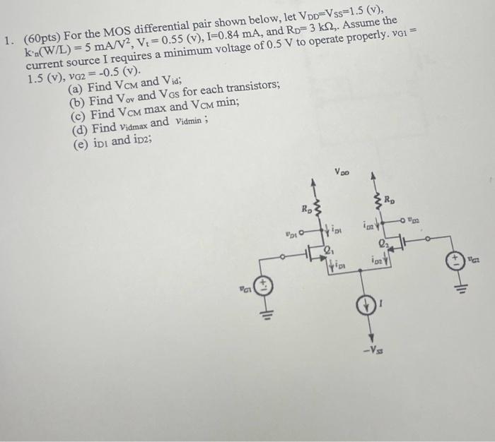 Solved (60pts) For the MOS differential pair shown below, | Chegg.com