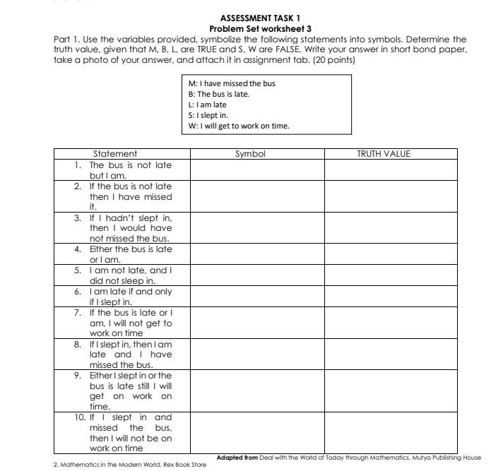 Solved ASSESSMENT TASK 1 Problem Set worksheet 3 Part 1. Use | Chegg.com