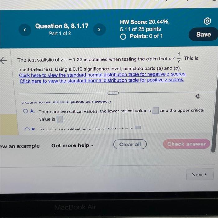 Solved The test statistic of z=−1.33 is obtained when | Chegg.com