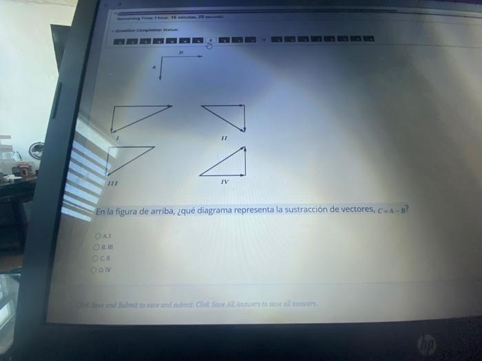 En la figura de arriba, ¿qué diagrama representa la sustracción de vectores, \( \mathrm{C}=\mathrm{A}-\mathrm{n} \) ?