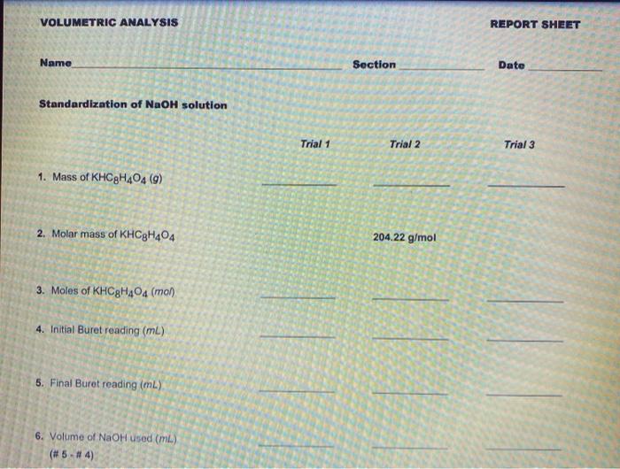 VOLUMETRIC ANALYSIS REPORT SHEET Name Section Date | Chegg.com