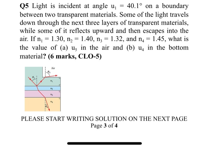 Solved Q5 Light is incident at angle u = 40.1° on a boundary | Chegg.com