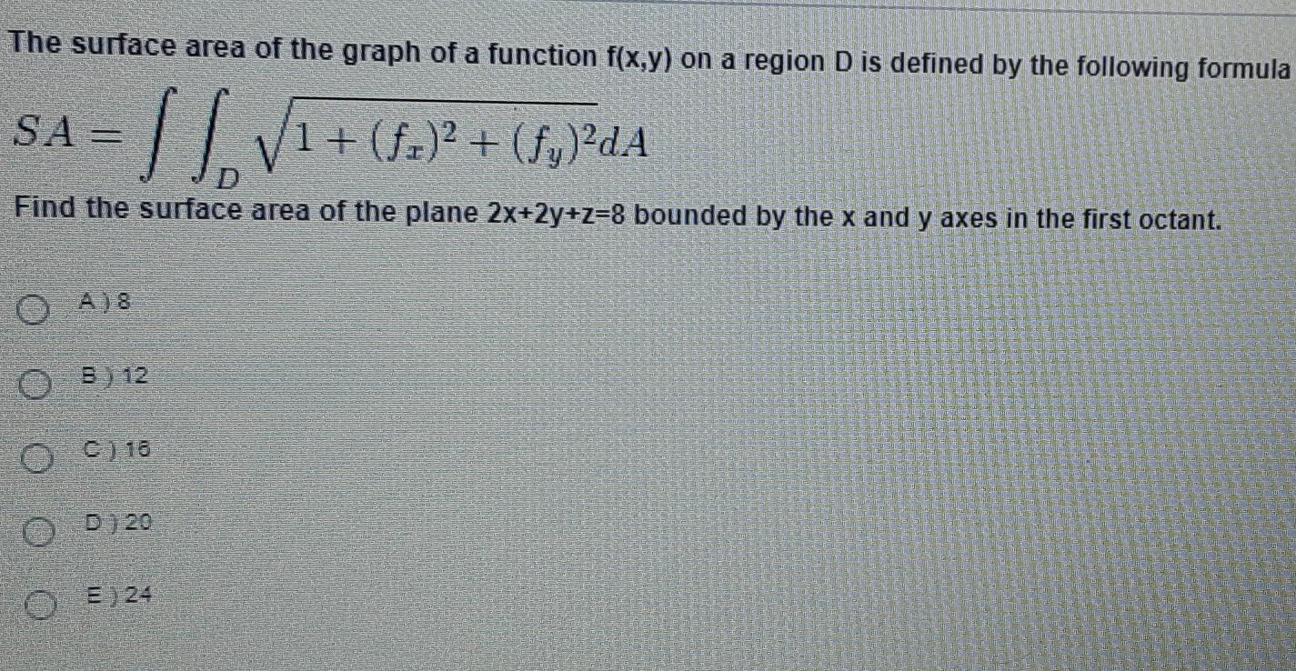 Solved The surface area of the graph of a function f(x,y) on | Chegg.com