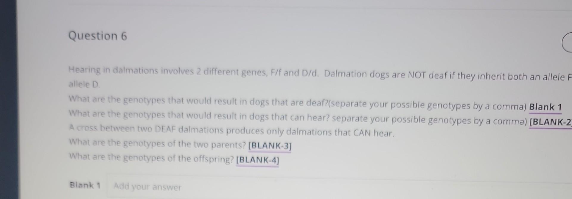 Hearing in dalmations involves 2 different genes, F/f and D/d. Dalmation dogs are NOT deaf if they inherit both an allele \( 