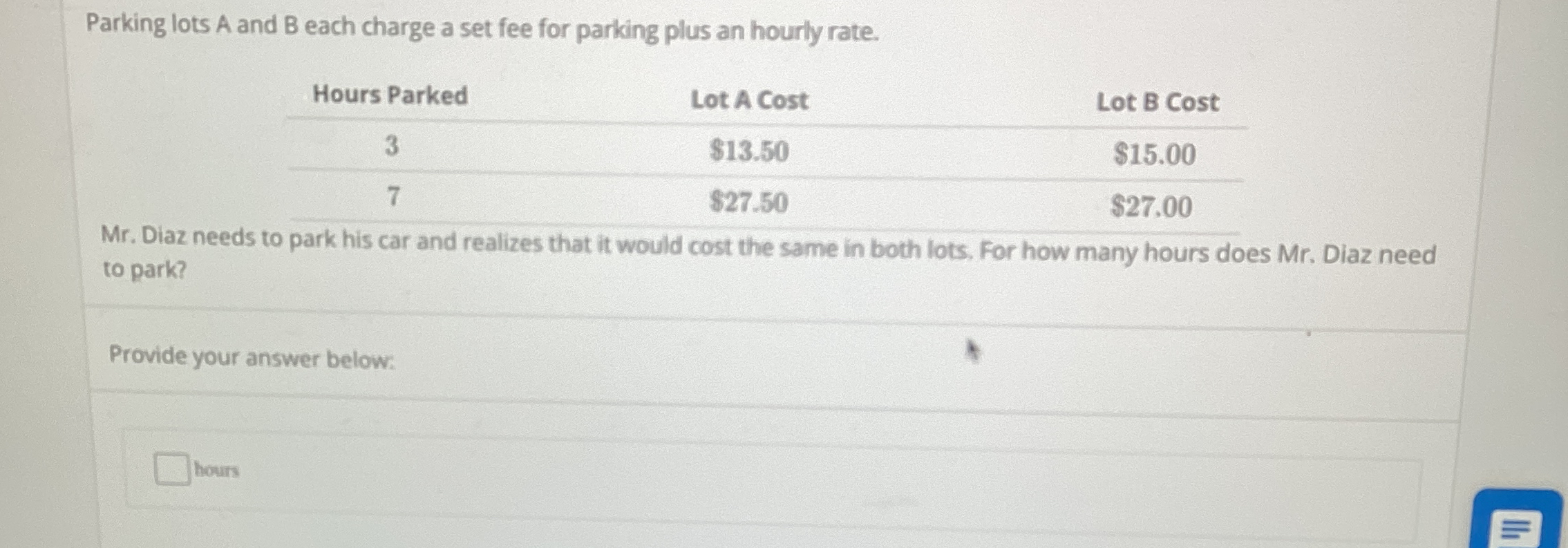 Solved Parking lots A and B ﻿each charge a set fee for | Chegg.com