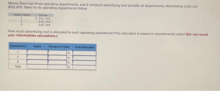 Solved Macee Store has three operating departments, and it | Chegg.com