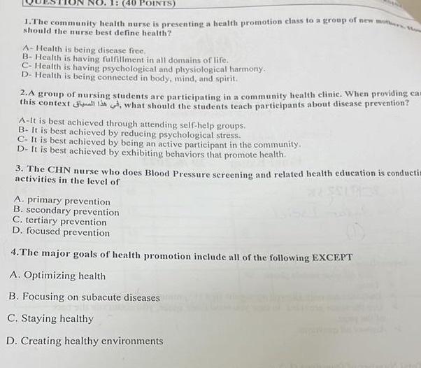 NO. 1: (40 POINTS)
1.The community health nurse is presenting a health promotion class to a group of new mon
should the nurse