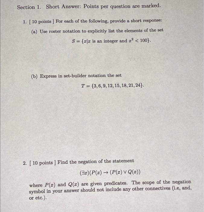 Solved Section 1. Short Answer: Points per question are | Chegg.com