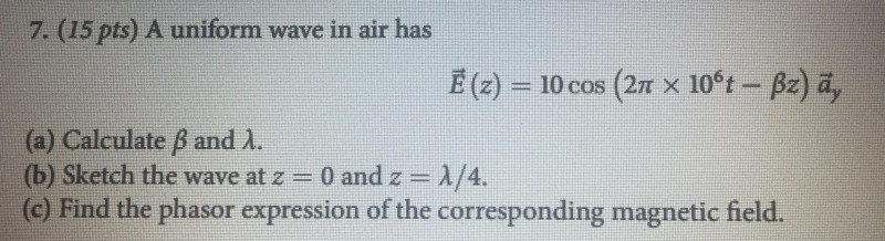 Solved 7 15 Pts A Uniform Wave In Air Has E Z 10 C Chegg Com