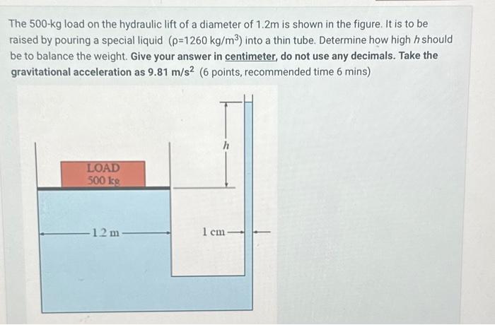Solved The 500−kg load on the hydraulic lift of a diameter | Chegg.com