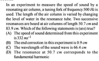 Solved In An Experiment To Measure The Speed Of Sound By A | Chegg.com