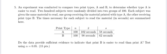 Solved 5. An experiment was conducted to compare two print | Chegg.com