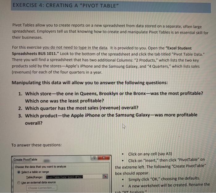 EXERCISE 4: CREATING A "PIVOT TABLE" Pivot Tables | Chegg.com