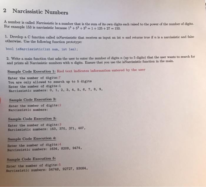 Solved 2 Narcissistic Numbers A number is called | Chegg.com