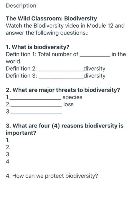 Solved Description The Wild Classroom: Biodiversity Watch | Chegg.com