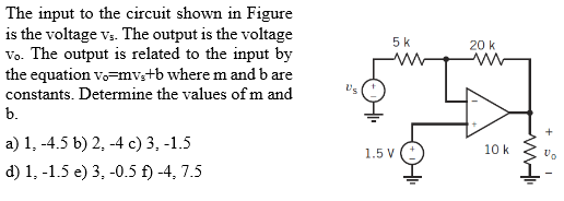 The input to the circuit shown in Figure is the voltage \( v_{5} \). The output is the voltage vo. The output is related to t