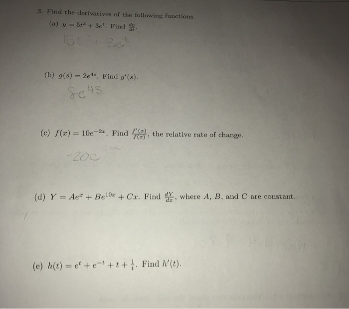 Solved 3 Find The Derivatives Of The Following Functions Chegg Com