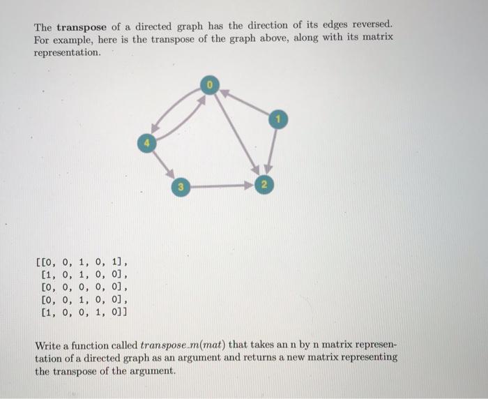 The transpose of a directed graph has the direction of its edges reversed. For example, here is the transpose of the graph ab