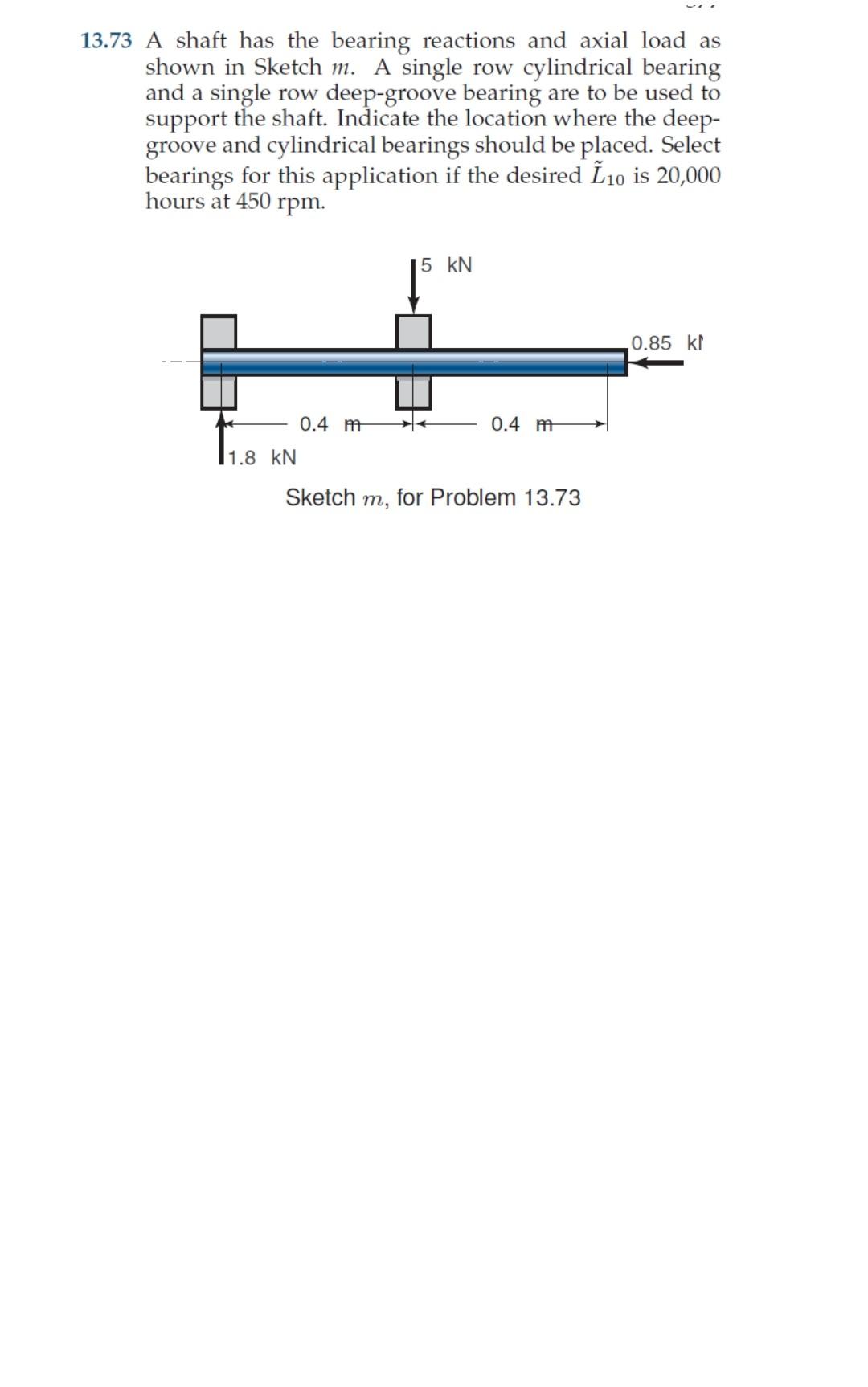 13.73 A shaft has the bearing reactions and axial load as shown in Sketch m. A single row cylindrical bearing and a single ro