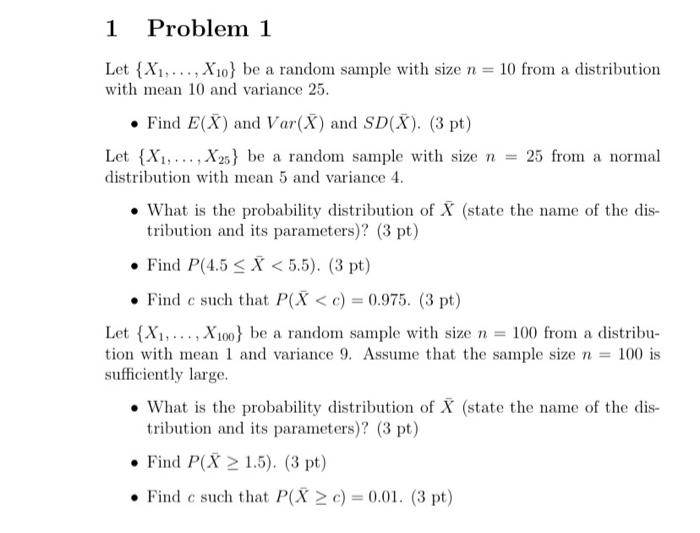 Solved 1 Problem 1 Let {X1,..., X10} be a random sample with | Chegg.com