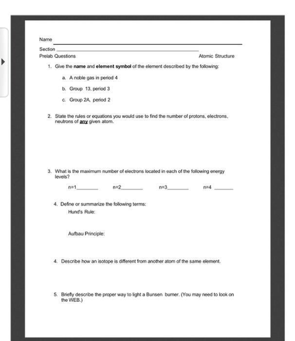 Solved Name Section Prelab Questions Atomic Structure 1. | Chegg.com