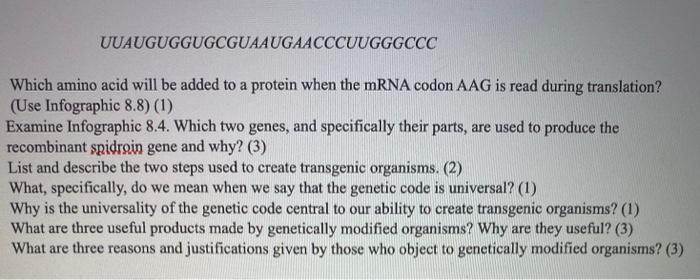 Solved UUAUGUGGUGCGUAAUGAACCCUUGGGCCC Which amino acid will