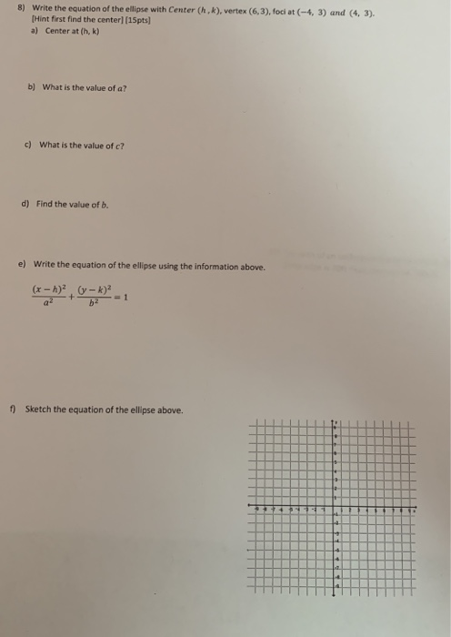 Solved 8) Write the equation of the ellipse with Center (h, | Chegg.com