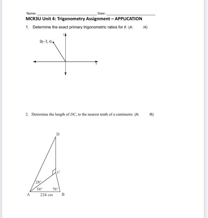 Solved Name: Date: MCR3U Unit 4: Trigonometry Assignment - | Chegg.com