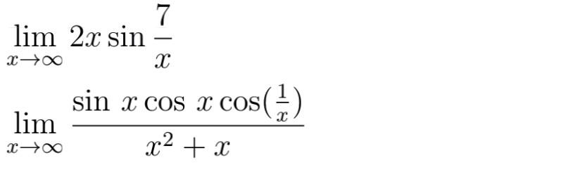 \( \begin{array}{l}\lim _{x \rightarrow \infty} 2 x \sin \frac{7}{x} \\ \lim _{x \rightarrow \infty} \frac{\sin x \cos x \cos