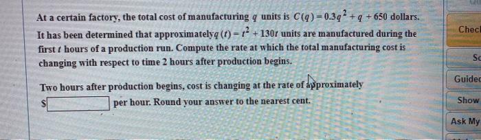 Solved Chec At a certain factory, the total cost of | Chegg.com