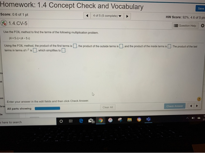 Solved Save Homework: 1.4 Concept Check and Vocabulary | Chegg.com