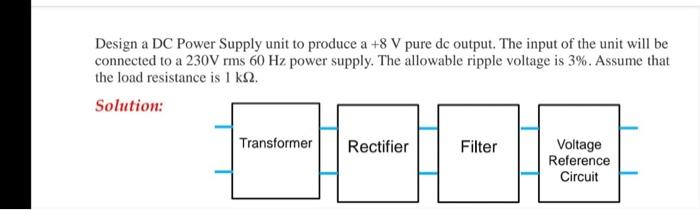 Solved Design a DC Power Supply unit to produce a +8 V pure | Chegg.com