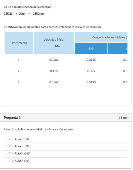 En un estudio cinético de la reacción \[ 2 \mathrm{SiO}(\mathrm{g})+\mathrm{O}_{2}(\mathrm{~g}) \rightarrow 2 \mathrm{SiO}_{2