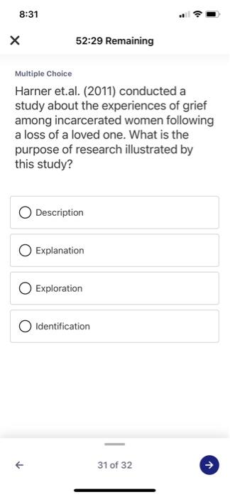 8:31 Х 52:29 Remaining Multiple Choice Harner et.al. (2011) conducted a study about the experiences of grief among incarcerat