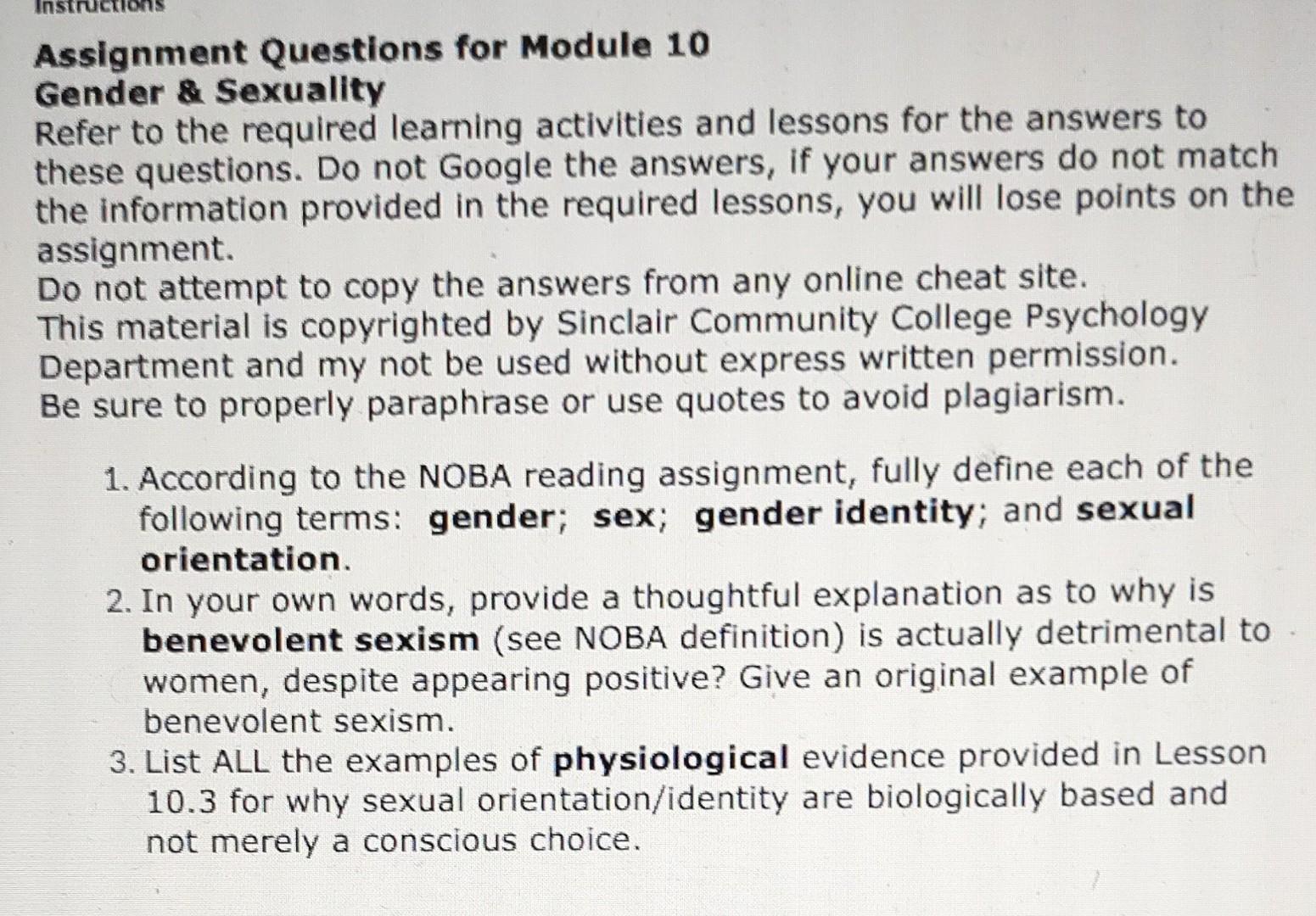 Assignment Questions for Module 10 Gender & Sexuality | Chegg.com