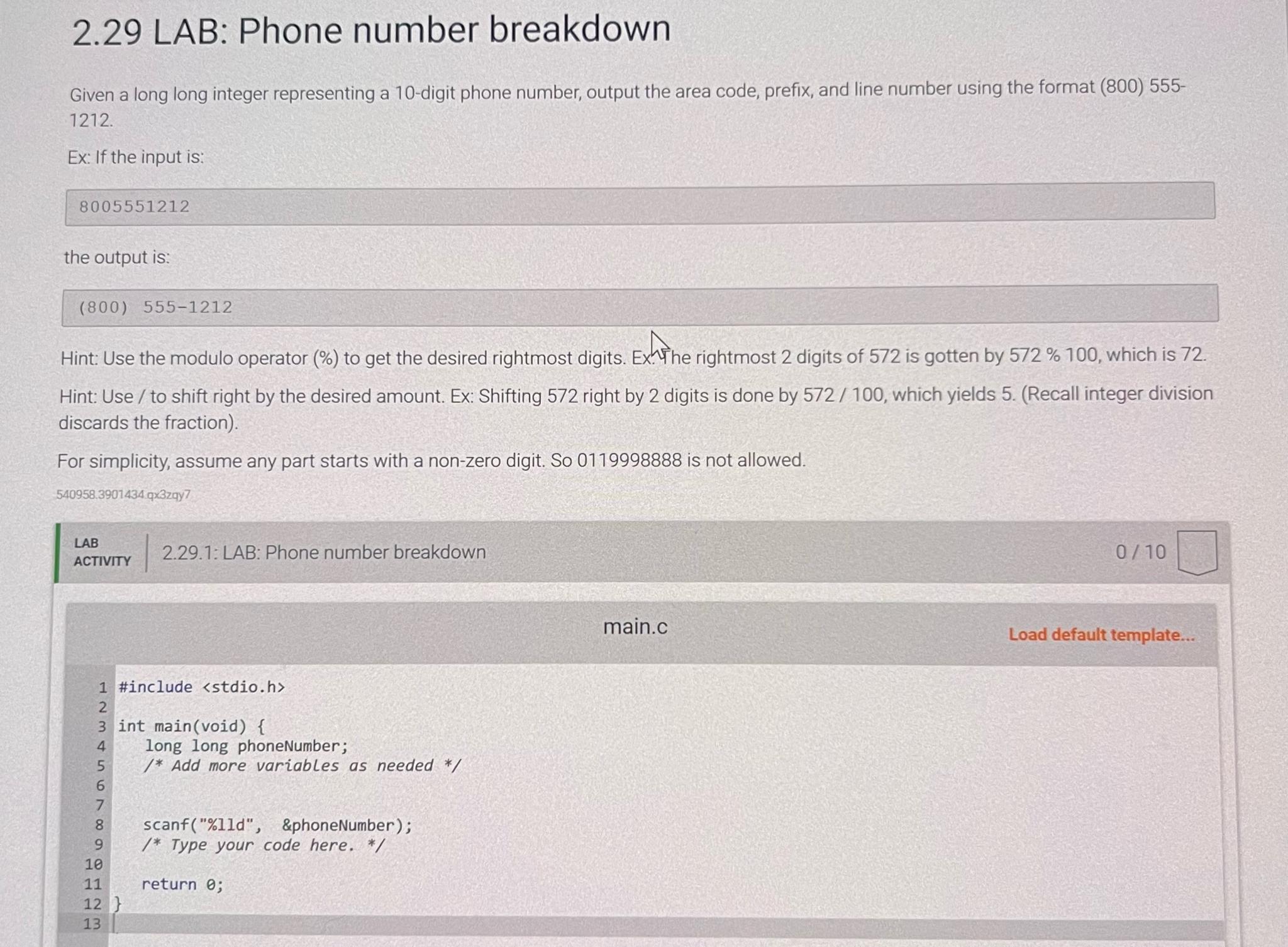 Solved 2.29 ﻿LAB Phone number breakdownGiven a long long