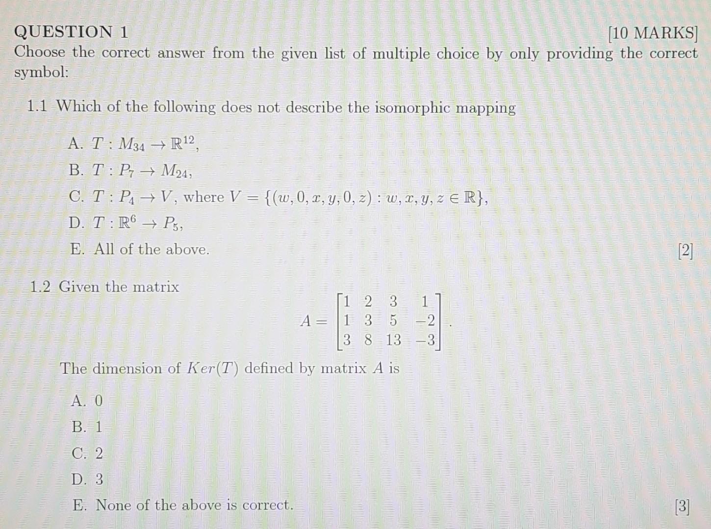 Solved QUESTION 1 [10 MARKS] Choose the correct answer from | Chegg.com