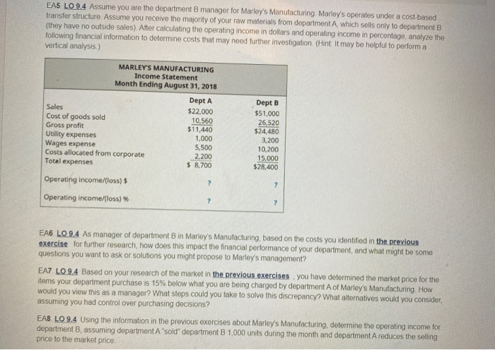 [Solved] EAS LO 9.4 Assume You Are The Department B Manager For Marley ...