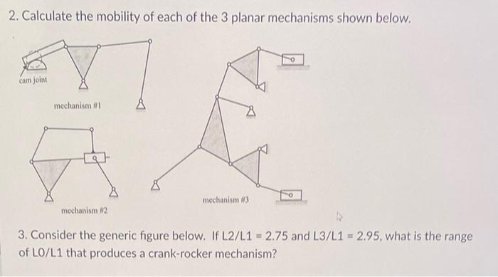 2. Calculate the mobility of each of the 3 planar mechanisms shown below.
3. Consider the generic figure below. If \( \mathrm