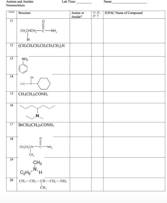 Solved Amines and Amides Lab Time: Name Nomenclature For | Chegg.com