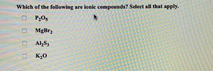 Solved Which of the following are ionic compounds? Select | Chegg.com