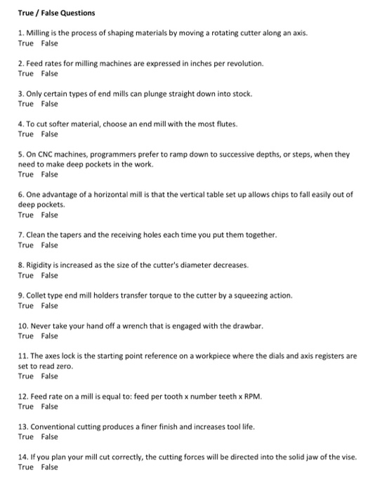 Solved True / False Questions 1. Milling is the process of