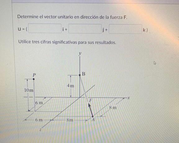 Determine el vector unitario en dirección de la fuerza \( F \). Utilice tres cifras significativas para sus resultados.