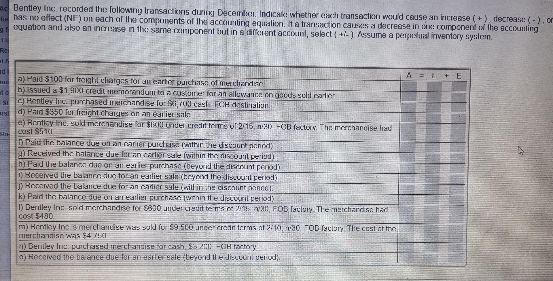 Solved Bentley Inc. recorded the following transactions | Chegg.com
