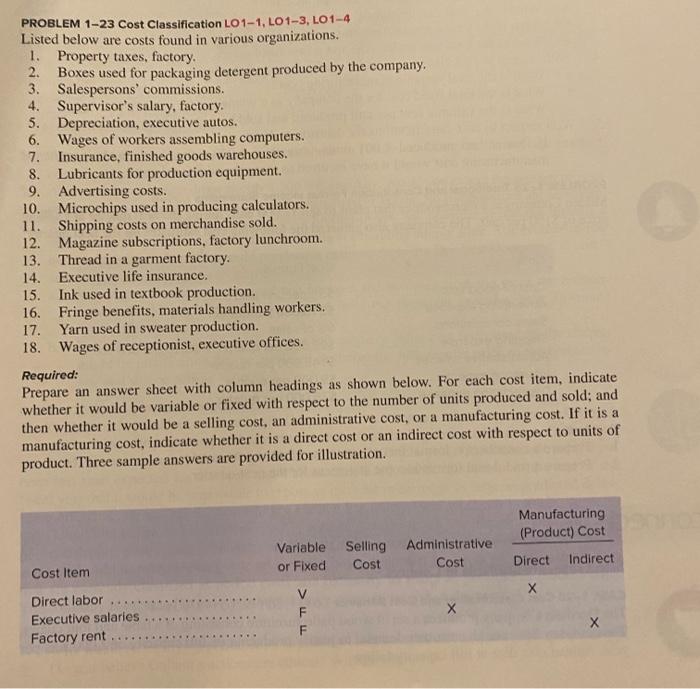 Solved PROBLEM 1-23 Cost Classification LO1-1, LO1-3, LO1-4 | Chegg.com