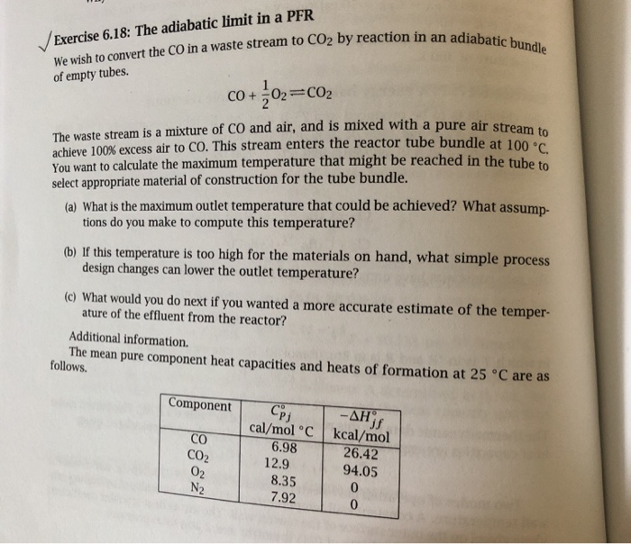 Solved Exercise 6.18: The adiabatic limit in a PFR in an | Chegg.com