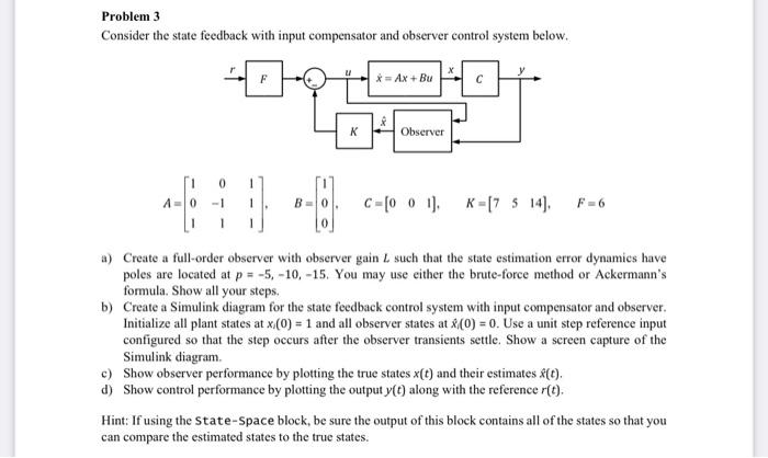 Solved Problem 3 Consider The State Feedback With Input | Chegg.com