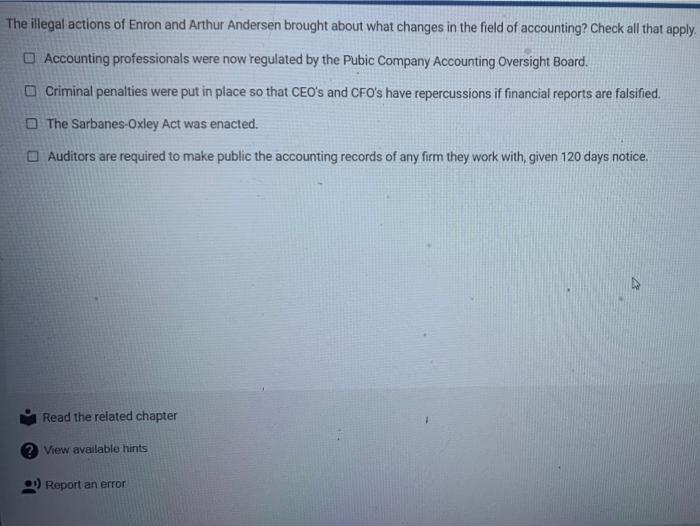Solved The illegal actions of Enron and Arthur Andersen